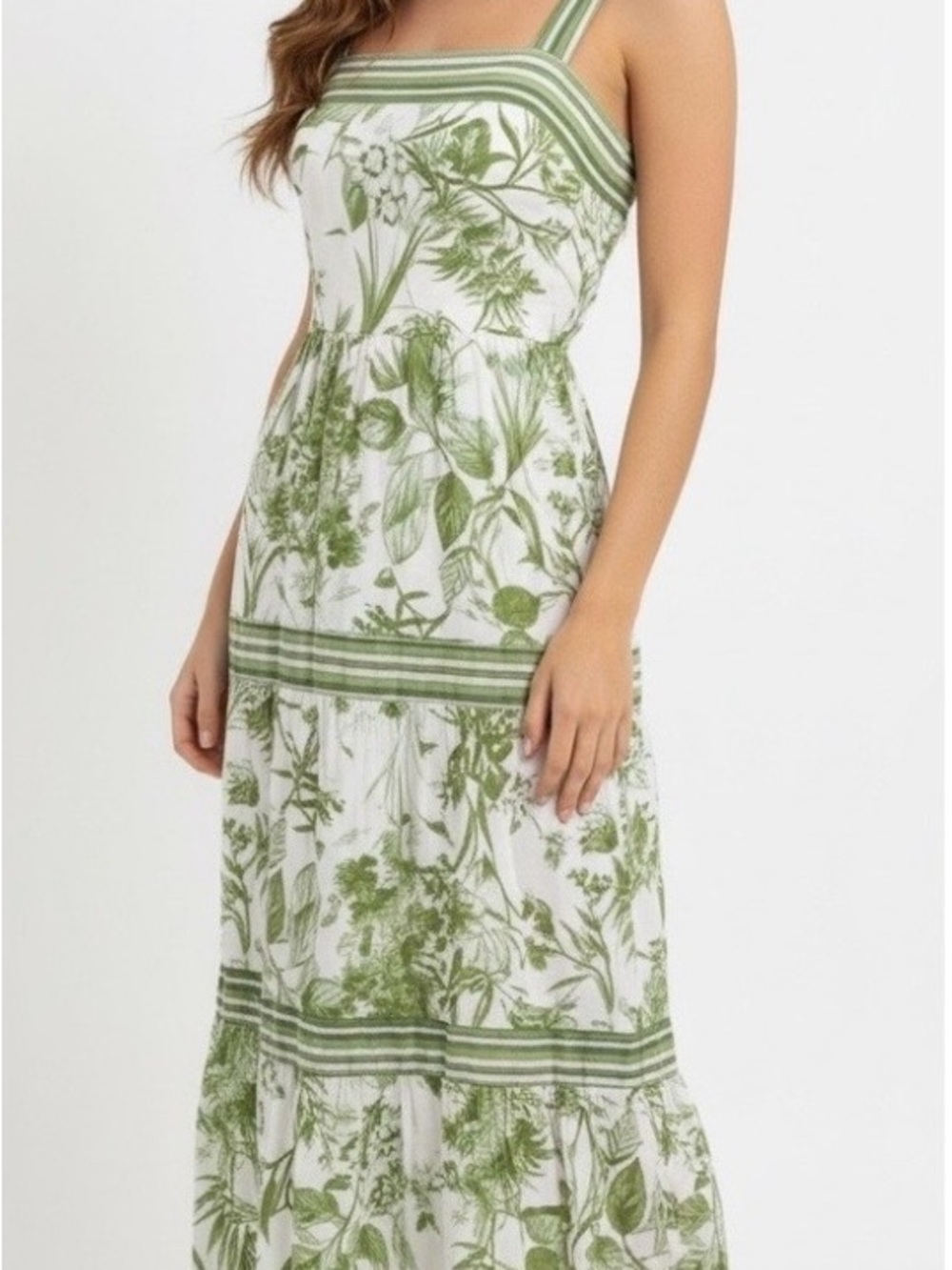 Sweet Wanderer White Maxi Dress with Green Botanical Print